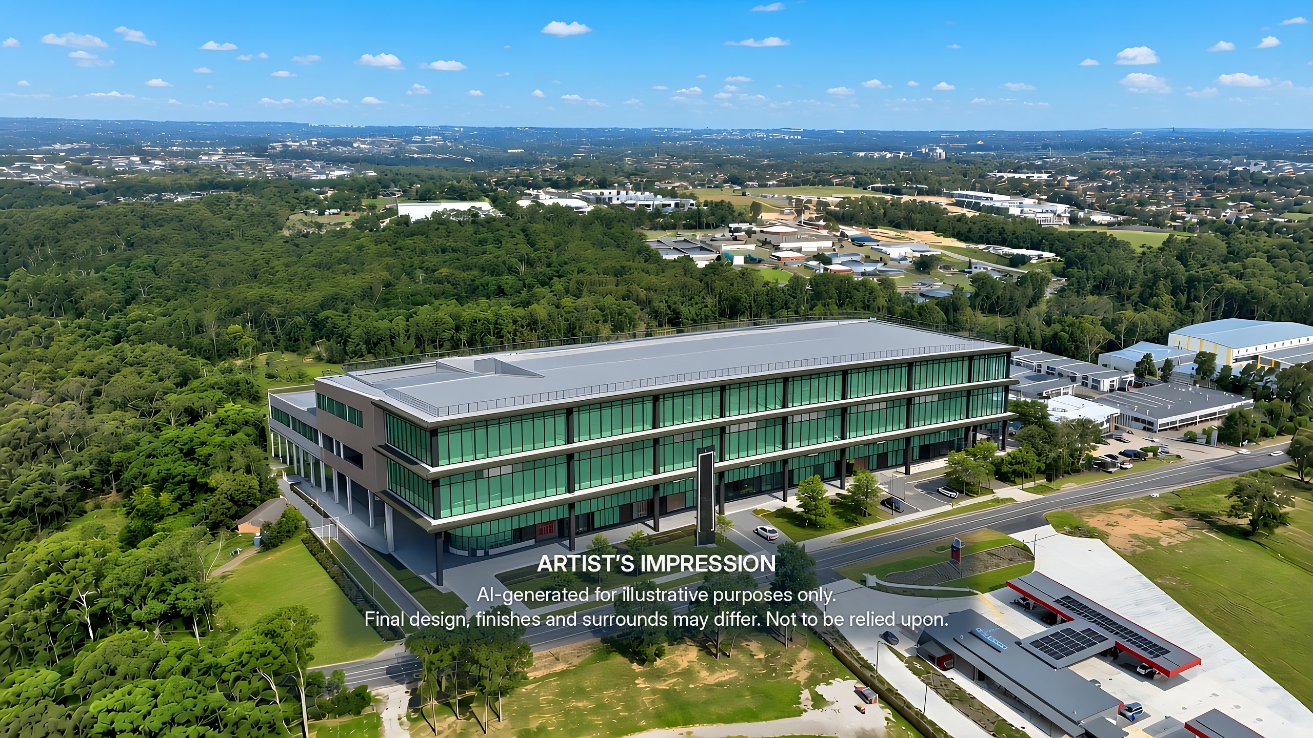 Artist's impression of 316 Annangrove Road from the air, showing the building within the surrounding Rouse Hill area