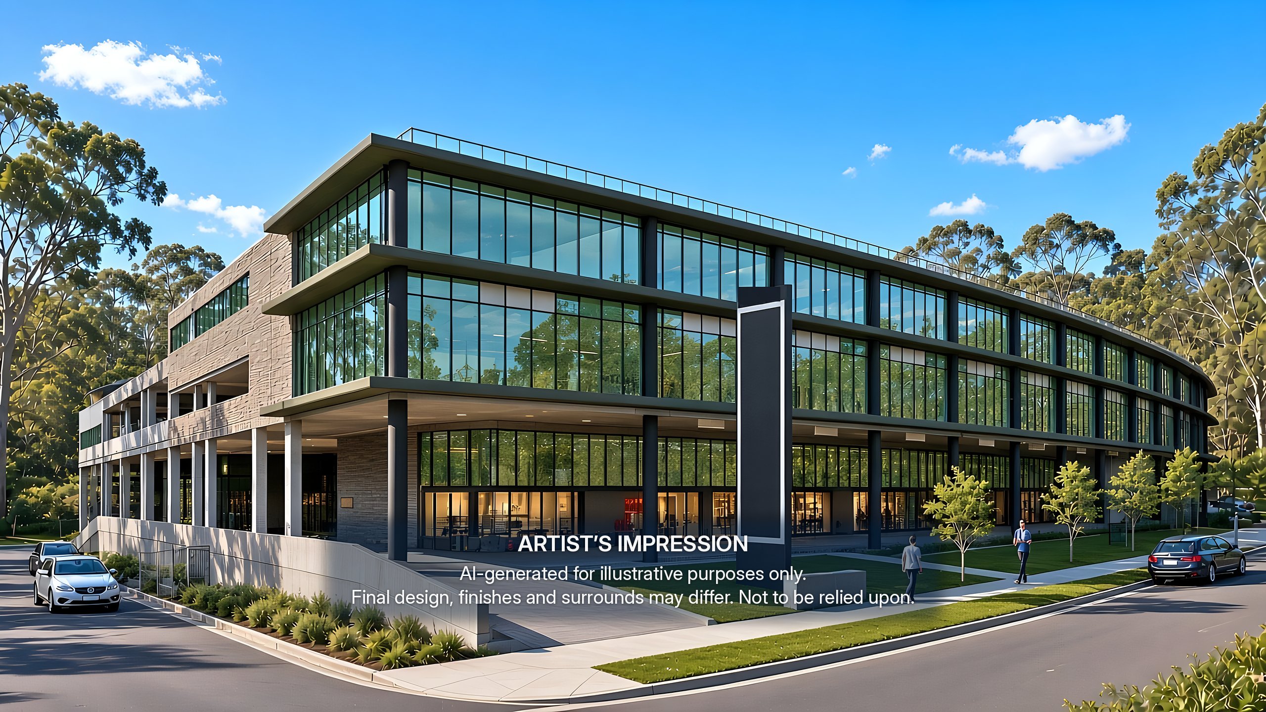 Artist's impression of 316 Annangrove Road, Rouse Hill: a four-level glass and steel building on a street corner