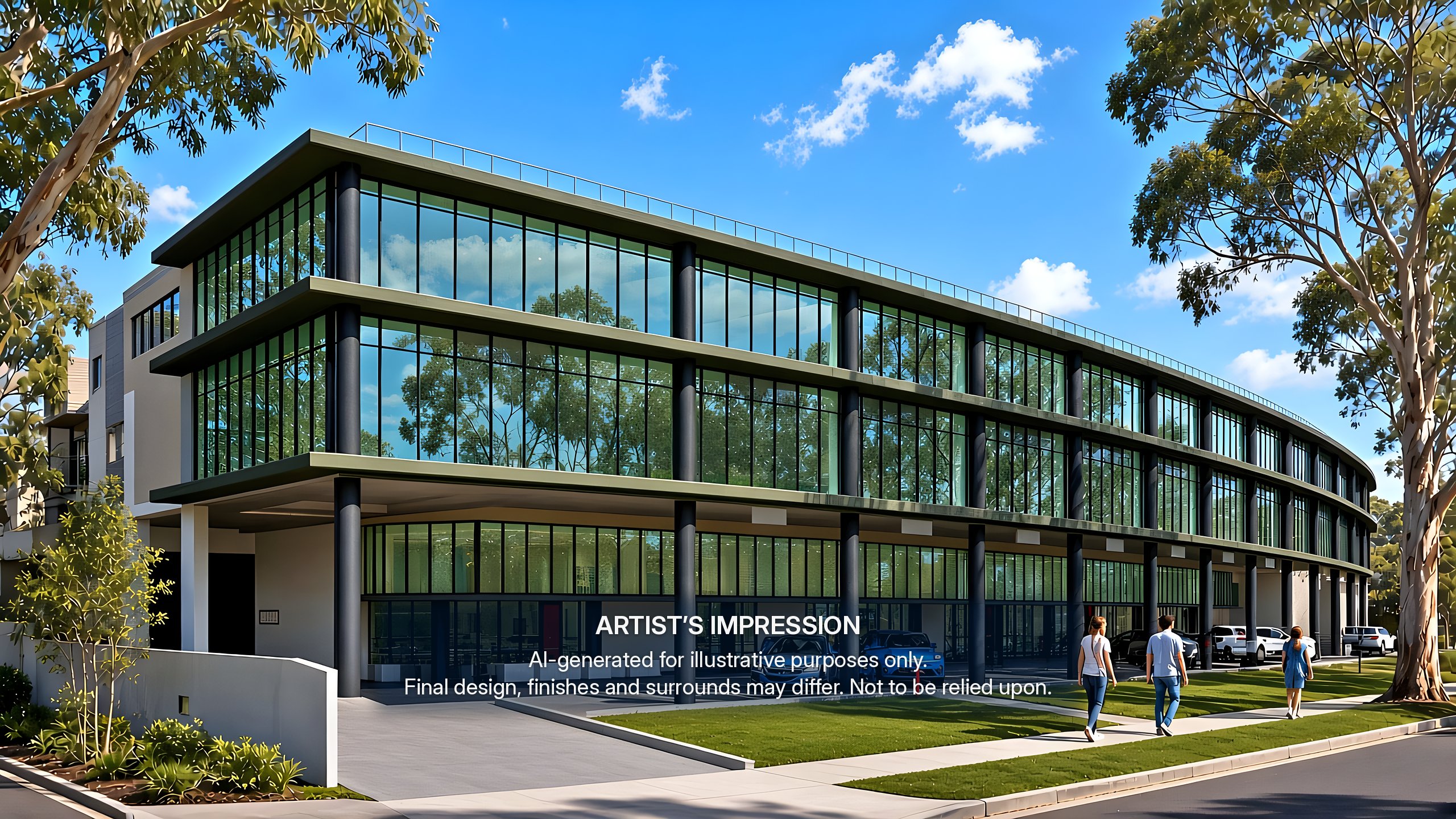 Artist's impression of the 316 Annangrove Road frontage with full-height glazing and street trees