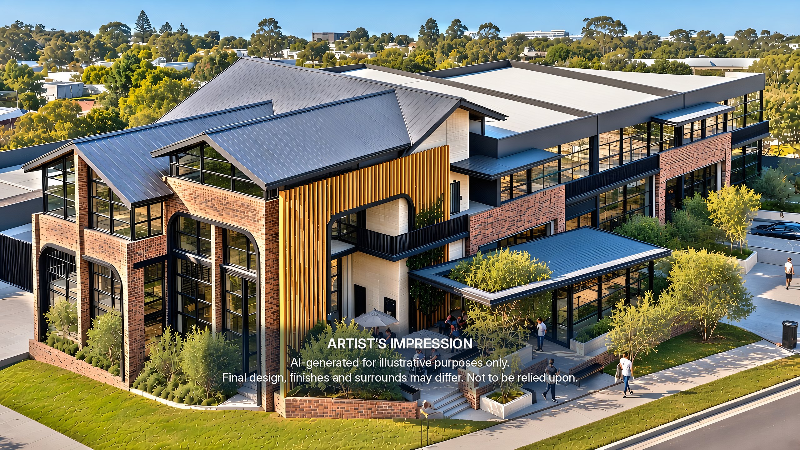 Artist's impression of Gregory Hills Central from above, showing the brick, timber and glass corner with landscaped gardens