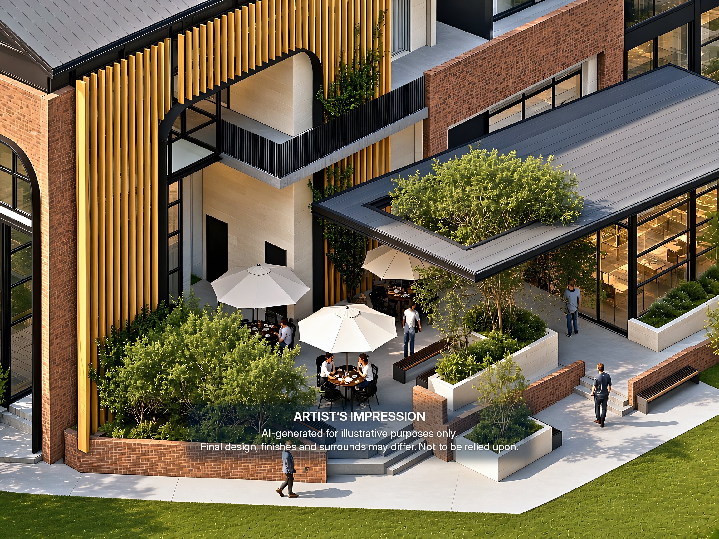 Artist's impression of the Gregory Hills Central landscaped courtyard with outdoor seating and a planted canopy